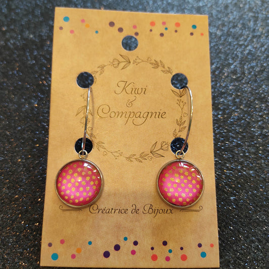 Boucles d'oreilles Créoles 25 mm - cabochons verre 14 mm - papier japonais pois dorés, fond rose - acier inoxydable