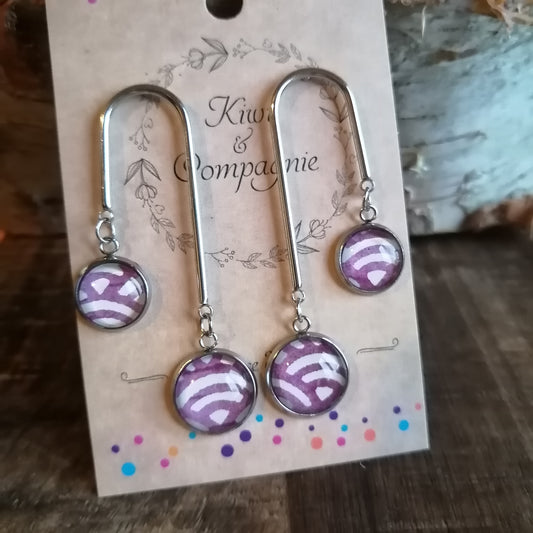 Boucle d'oreille en forme de U - acier inoxydable - double cabochon - graphique blanc et violet