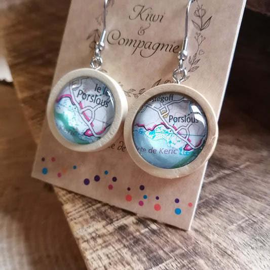 Boucles d'oreilles pendantes bois 25mm - Carte routière Porslous, Telgruc sur Mer (29)