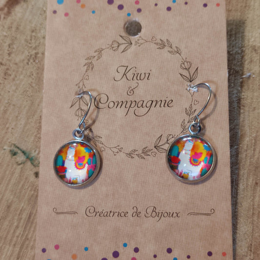 Boucles d'oreilles cabochons ronds 12mm - Acier inoxydable - Lama péruvien