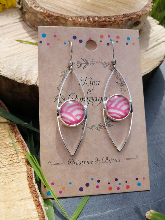 Boucles d'oreilles oeil cabochon 12mm - Métal argenté - rosaces rose et blanc