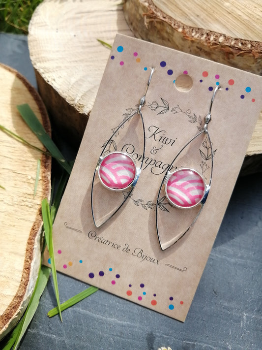 Boucles d'oreilles oeil cabochon 12mm - Métal argenté - rosaces rose et blanc