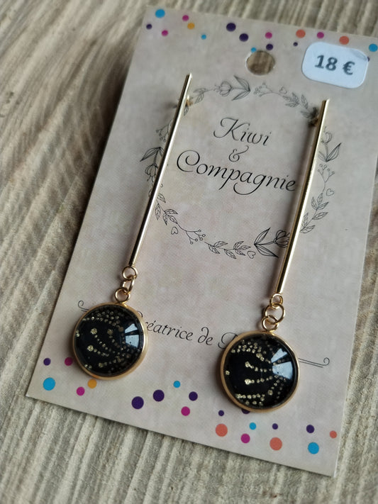 Boucles d'oreilles pendantes en acier inoxydable doré avec tiges 40mm et cabochons 12mm - papier japonais floral doré et fond noir