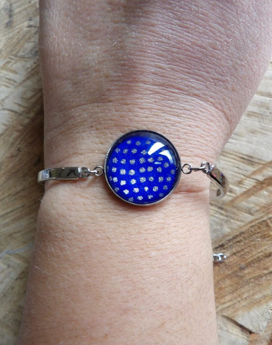 Bracelet rigide acier inoxydable - Pois argentés fond bleu