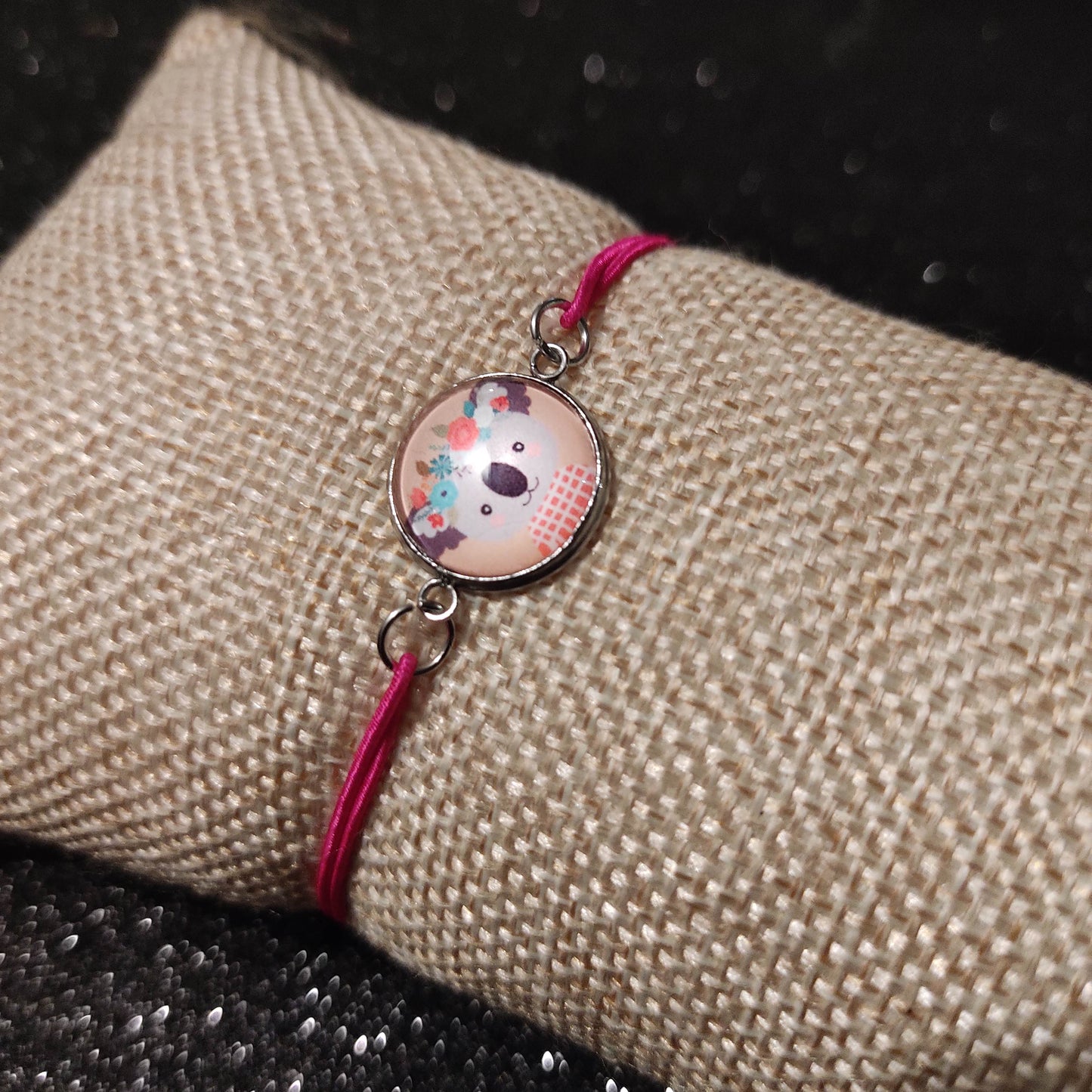 Bracelet élastique couleur rose avec cabochon 14mm -koala