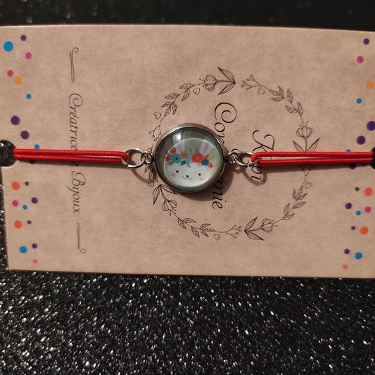 Bracelet élastique couleur rouge avec cabochon 14mm - lapin