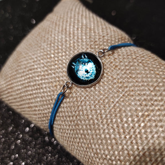 Bracelet élastique couleur bleu avec cabochon 14mm - chien-loup