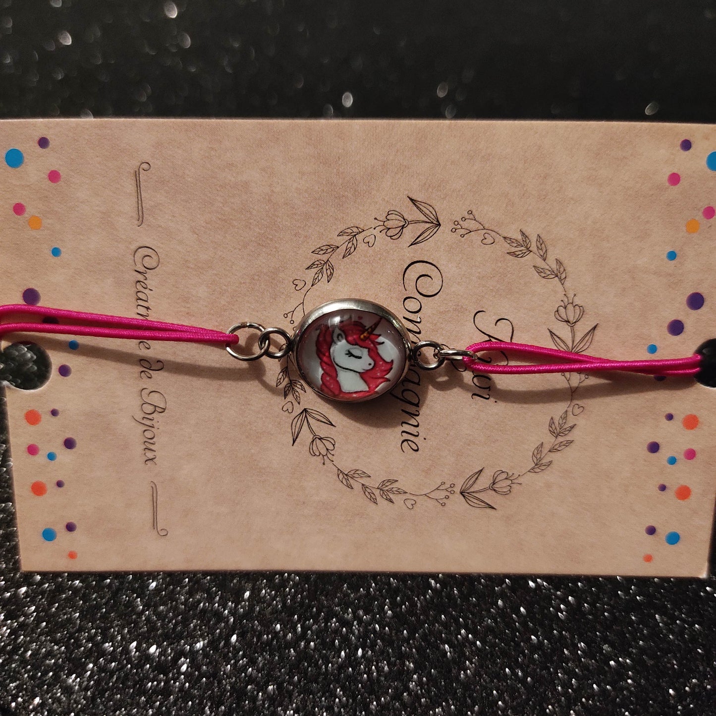 Bracelet élastique couleur rose avec cabochon 14mm - licorne
