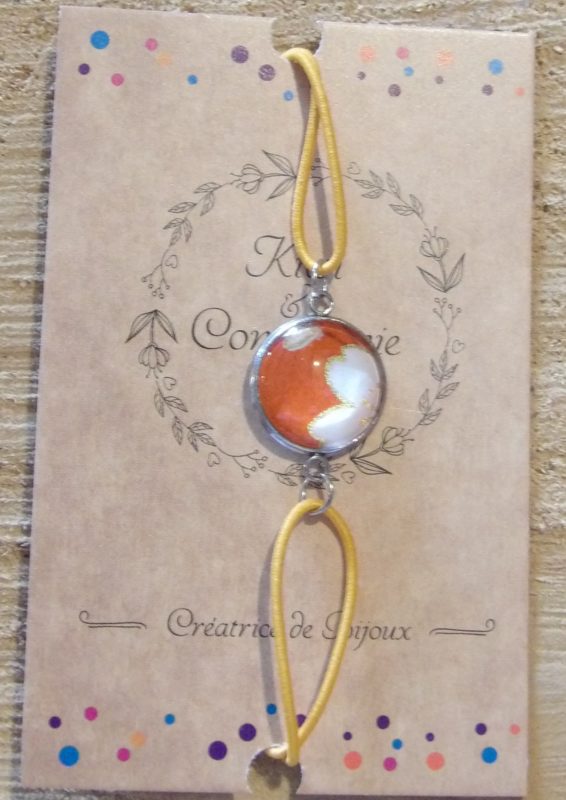 Bracelet élastique couleur orange avec cabochon 14mm - papier japonais fleur blanche fond orange