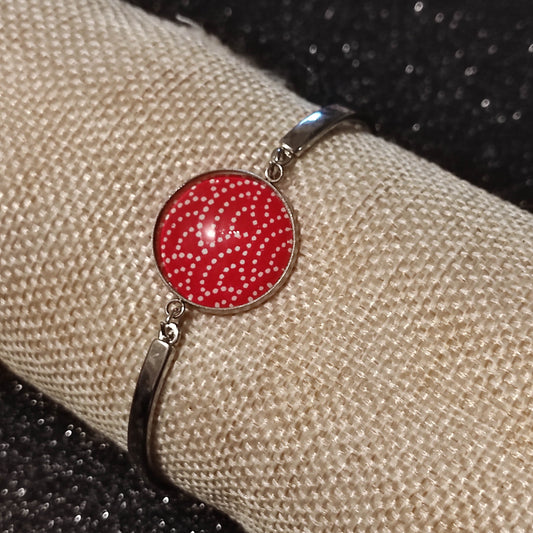 Bracelet rigide acier inoxydable - 20mm - pois blanc (arc), fond rouge