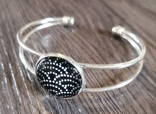 Bracelet manchette - acier inoxydable - pois blanc fond noir