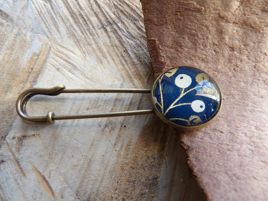 Broche bronze 20mm - bleu, feuilles dorées