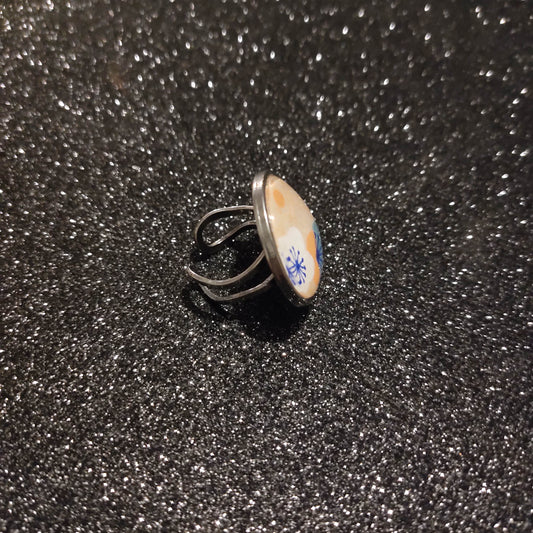 Bague ajustable ronde cabochon 25mm - Métal argenté - papier japonais fleurs de cerisier - rose pale