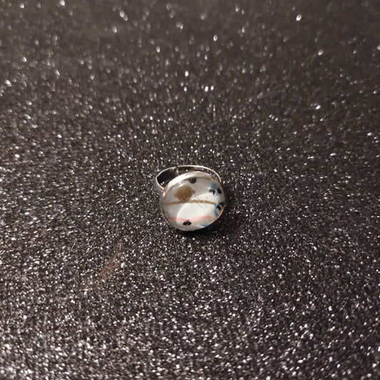 Bague fille - cabochon 14mm - graphique dorée, rose et bleue - fond blanc