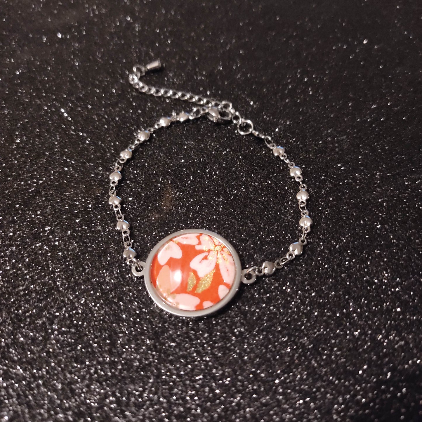 Bracelet chainette acier inoxydable - 20mm - Papier japonais fleurs roses blanches corail - rouge