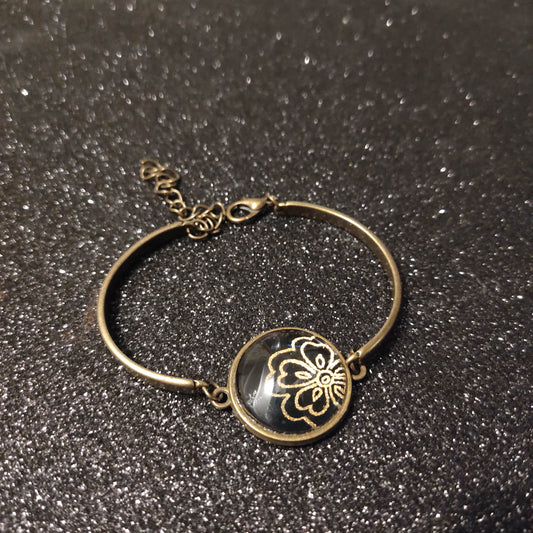 Bracelet rigide bronze - 20mm - Papier japonais fleurs dorées - noir