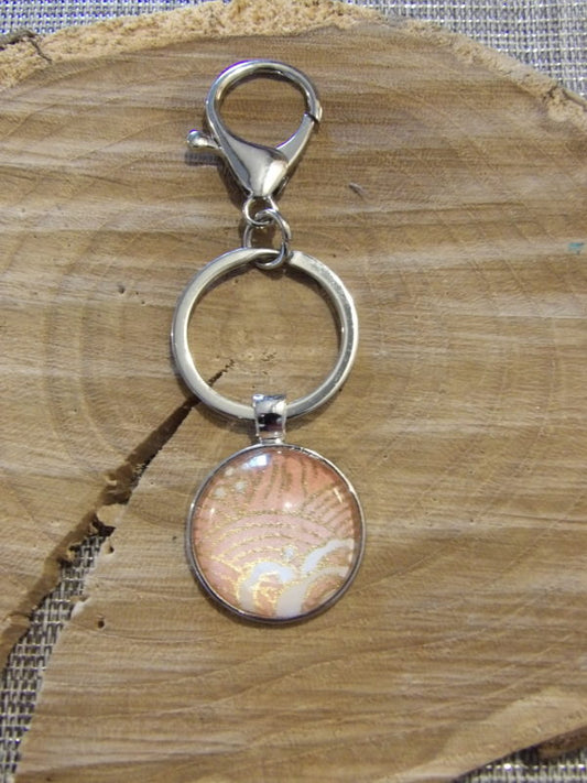 Porte-clefs cabochons 25mm - Papier japonais rose et doré