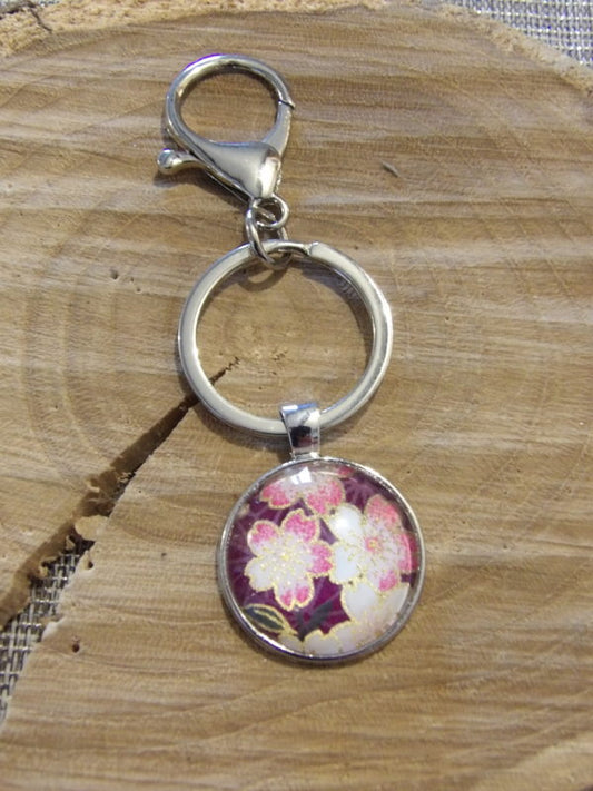 Porte-clefs cabochons 25mm - Floral japonais rose et violet