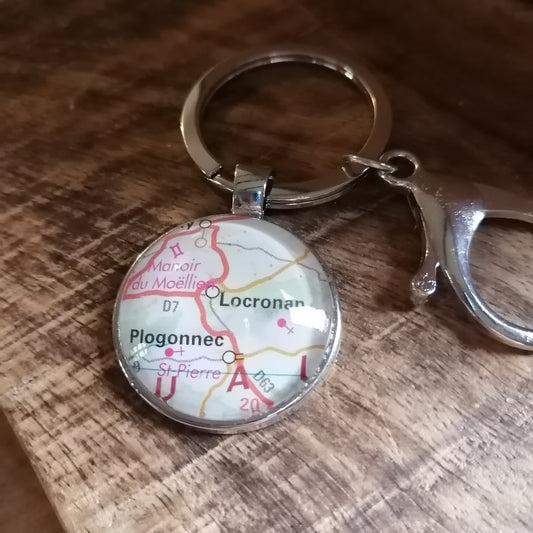 Porte-clefs cabochon 25mm - Recyclage carte routière - Locronan, Plogonnec (29)