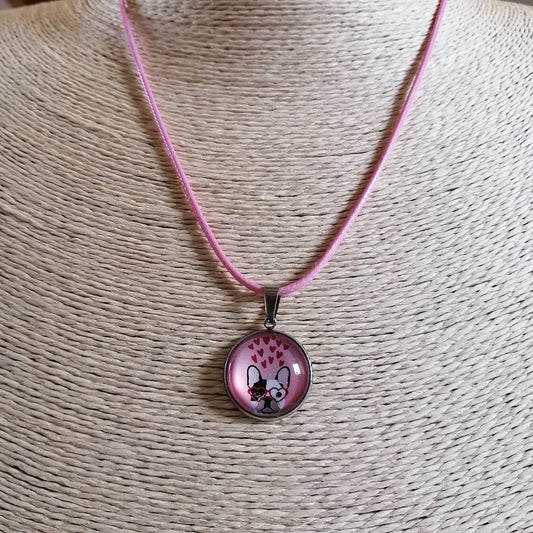 Collier enfant - chien - pendentif acier inoxydable - cordon rose
