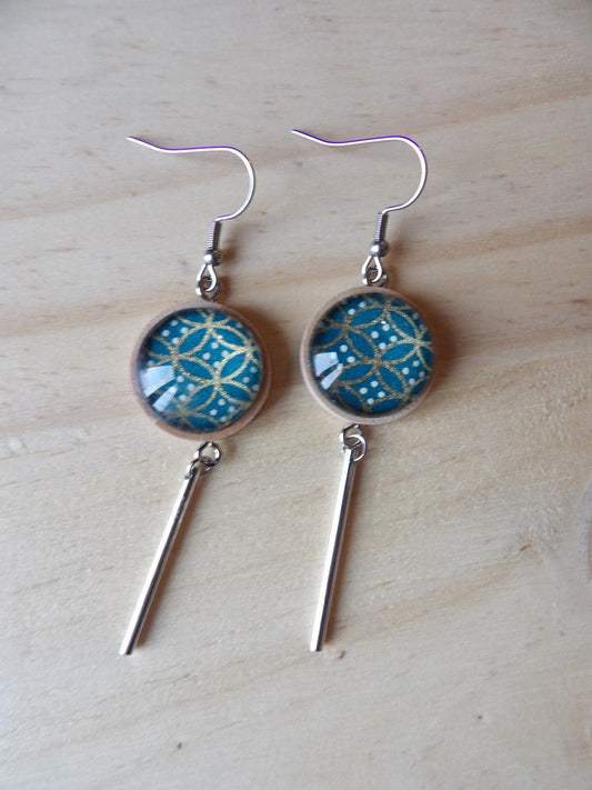Boucles d'oreilles support bois 20mm avec tube métal - Graphique vert sapin et doré