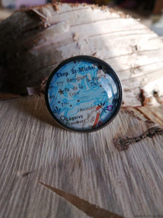 Loguivy (22) - Bague cabochon rond de 25mm - Recyclage carte routière