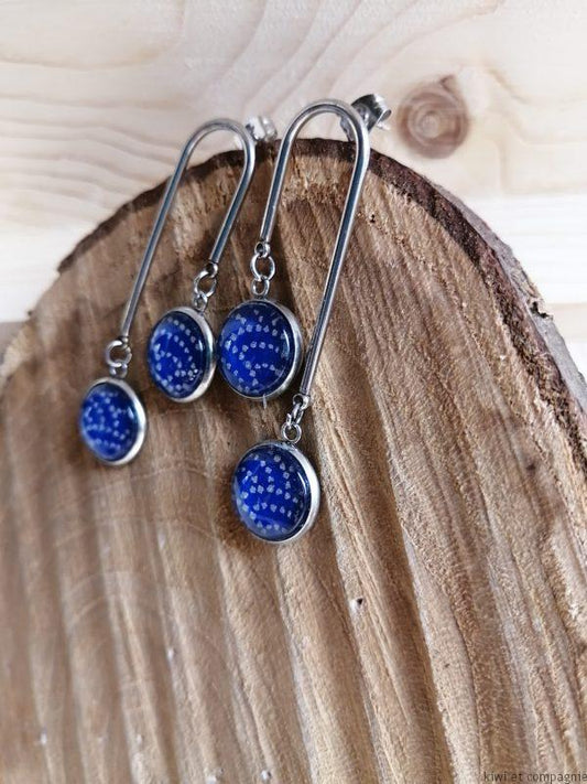 Boucle d'oreille en forme de U - acier inoxydable - double cabochon - bleu vague argentée