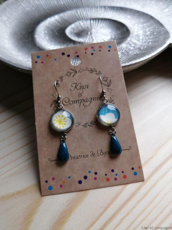 Boucles d'oreilles cabochons 14mm - Acier inoxydable  - Papier japonais bleu et jaune, breloque goutte bleue