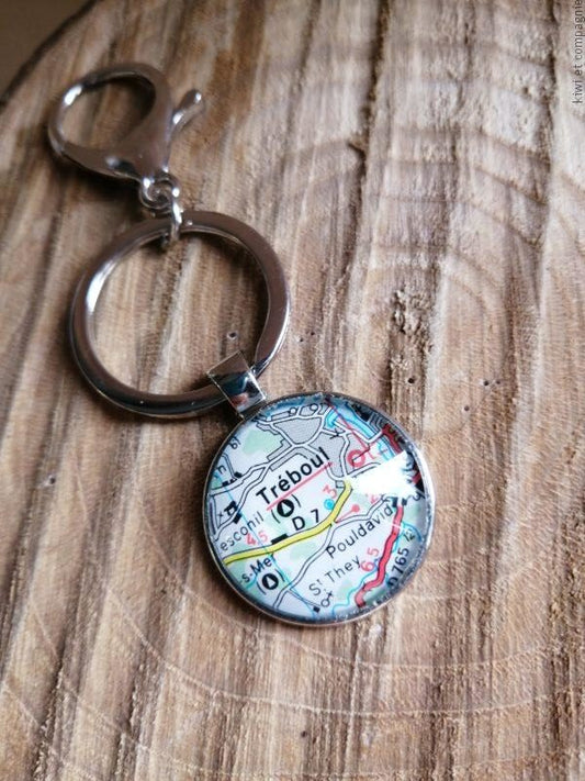 Porte-clefs cabochon 25mm - Recyclage carte routière - Tréboul (29)