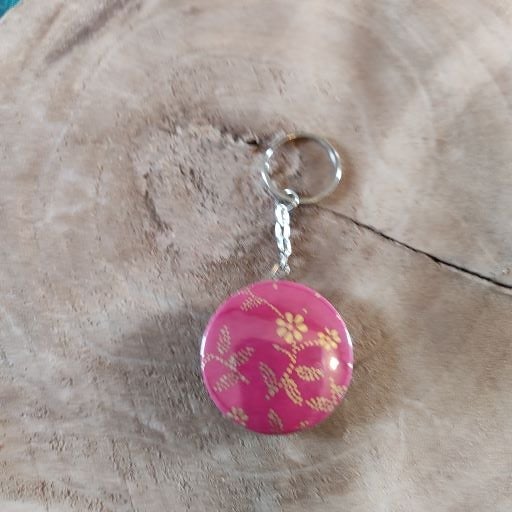 Porte clés décapsuleur 44mm - Papier japonais - fleurs dorées - magenta