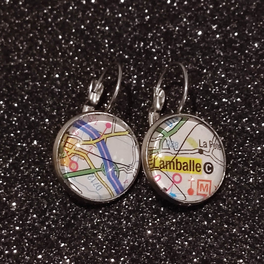 Boucles d'oreilles dormeuses rondes 16mm - Carte routière Lamballe