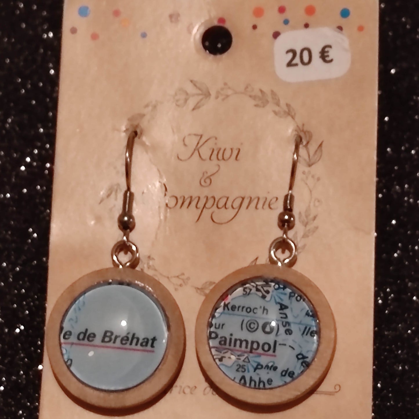 Boucles d'oreilles pendantes bois 23mm - Carte routière Paimpol & Île de Bréhat