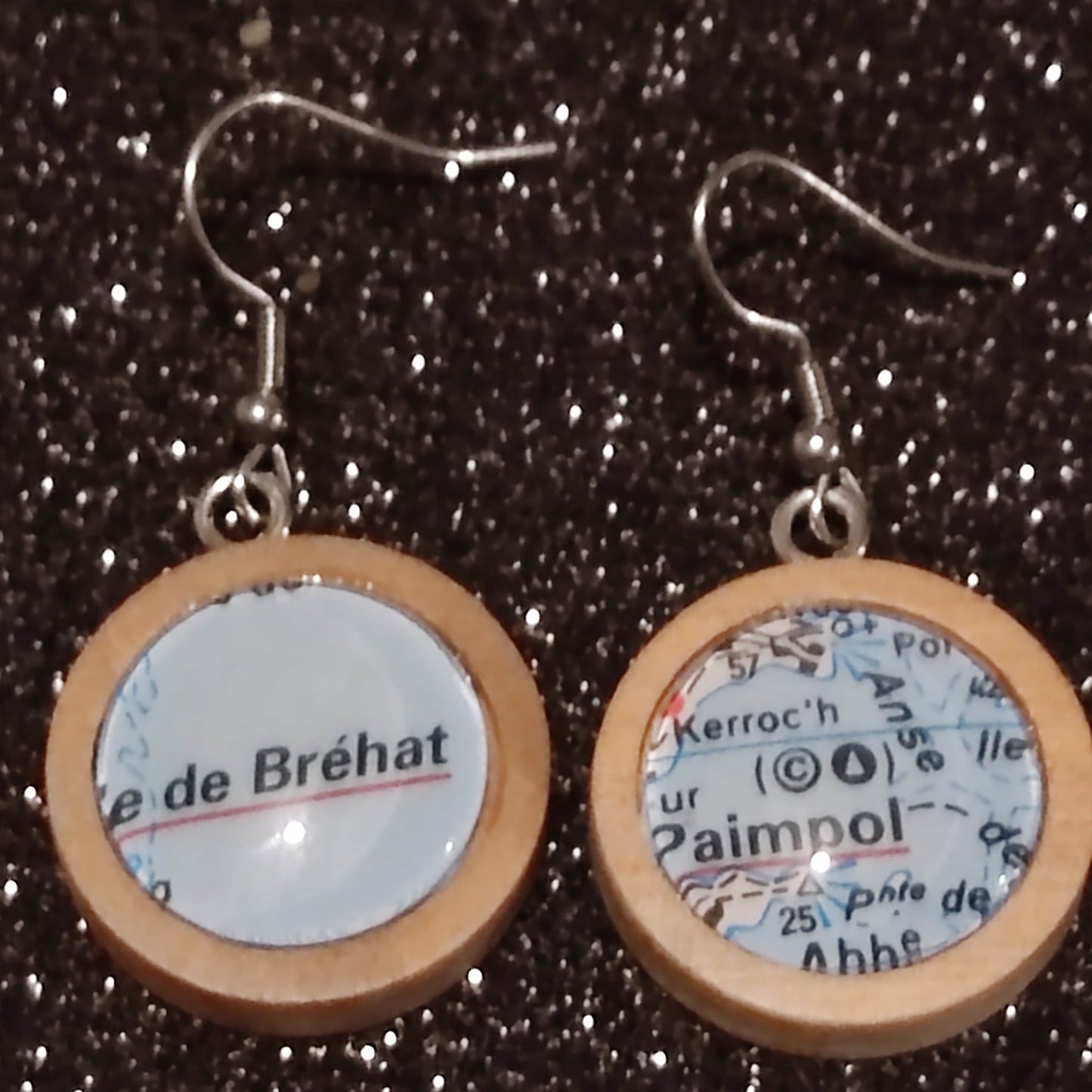 Boucles d'oreilles pendantes bois 23mm - Carte routière Paimpol & Île de Bréhat