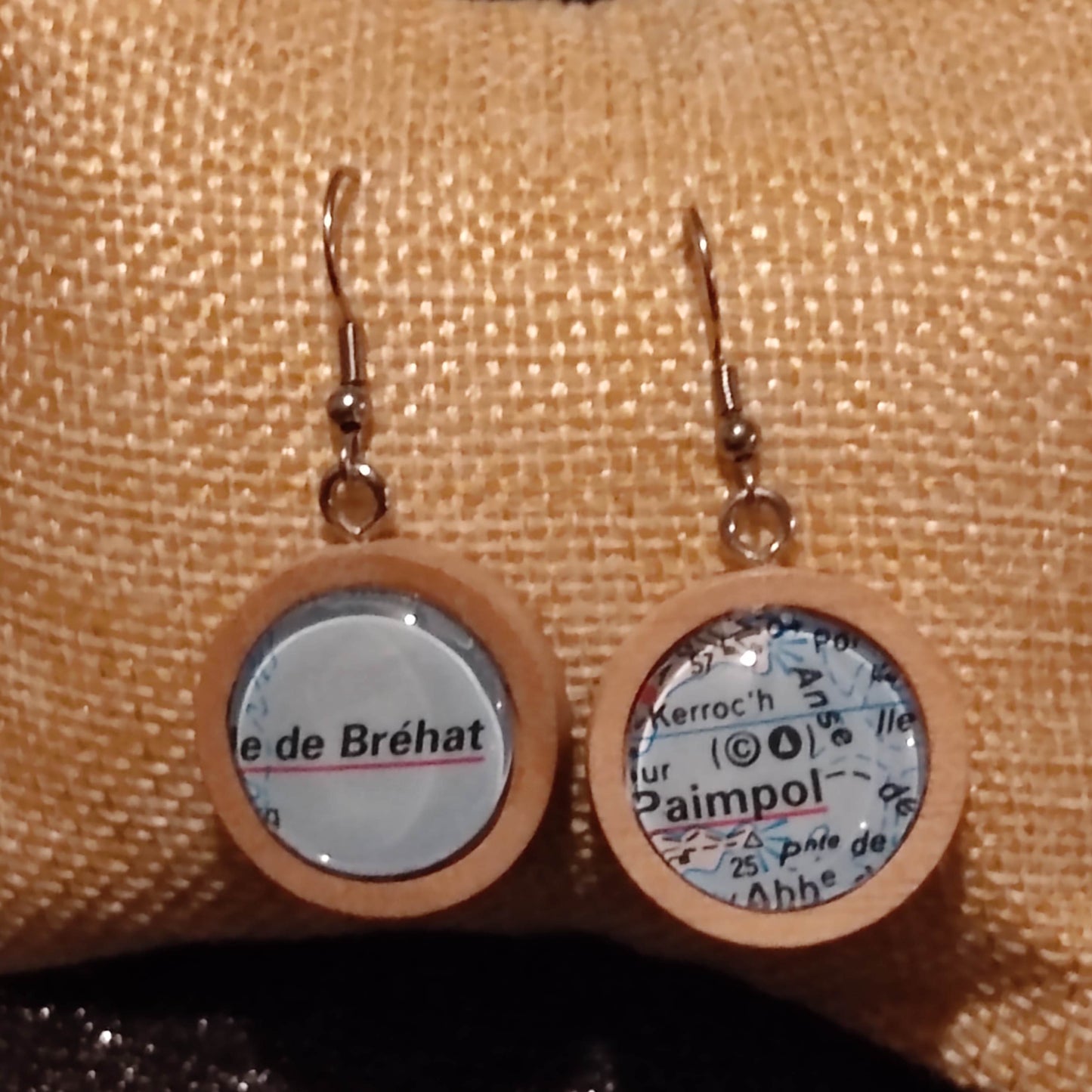 Boucles d'oreilles pendantes bois 23mm - Carte routière Paimpol & Île de Bréhat