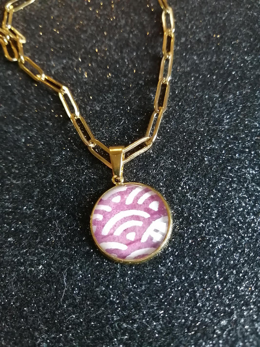 Collier avec sautoir cabochon 18mm - Acier inoxydable doré - graphique blanc et violet