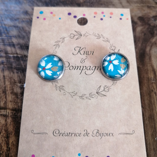 Boucles d'oreilles Puces 12mm - Acier inoxydable - Papier japonais fleur blanche fond turquoise