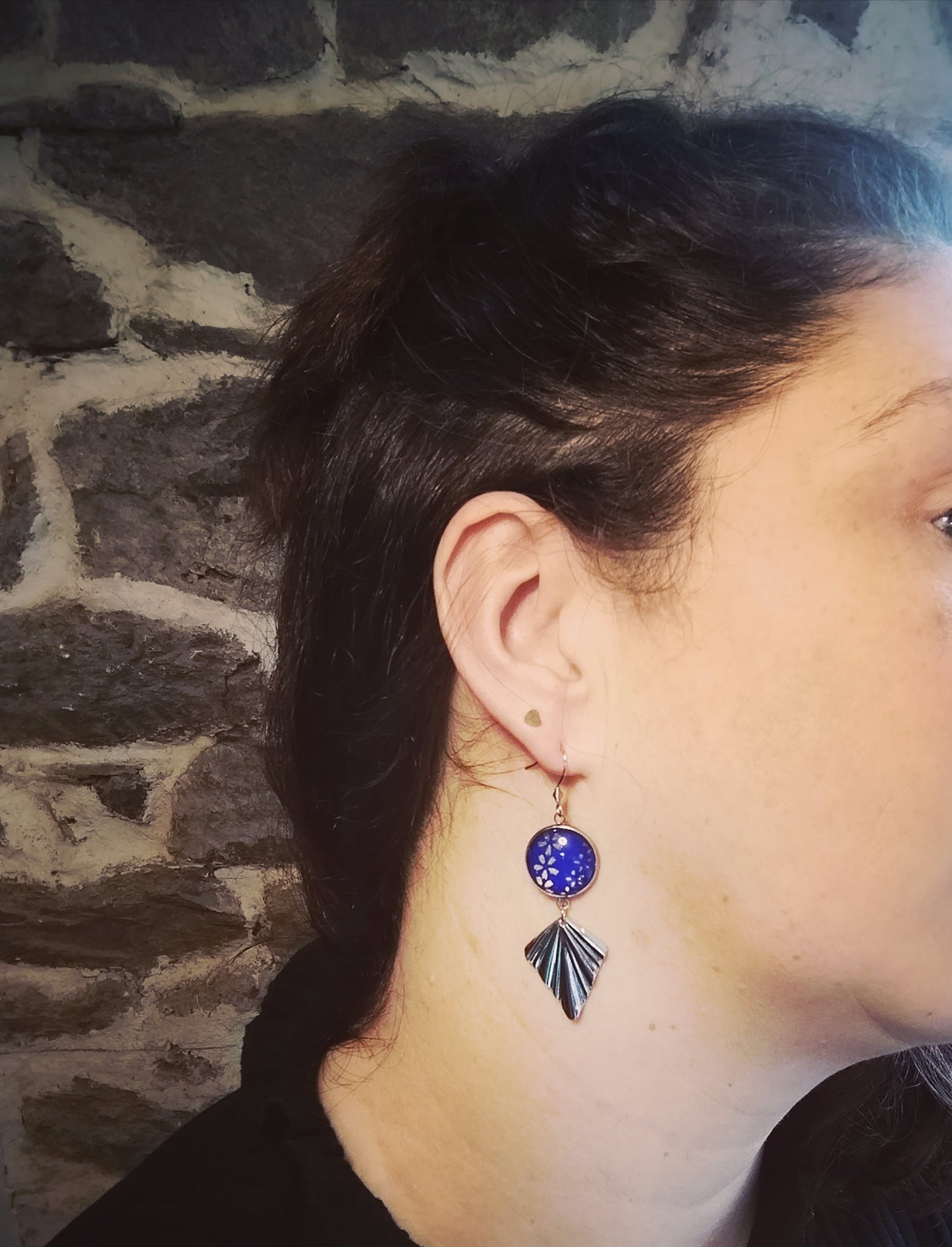 Boucles d'oreilles cabochons ronds 16mm - Acier inoxydable - papier japonais floral doré et bleu - breloque losange