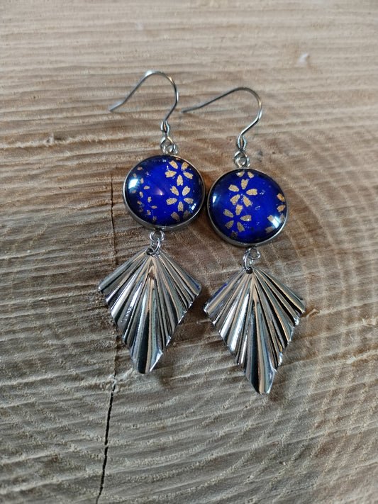 Boucles d'oreilles cabochons ronds 16mm - Acier inoxydable - papier japonais floral doré et bleu - breloque losange