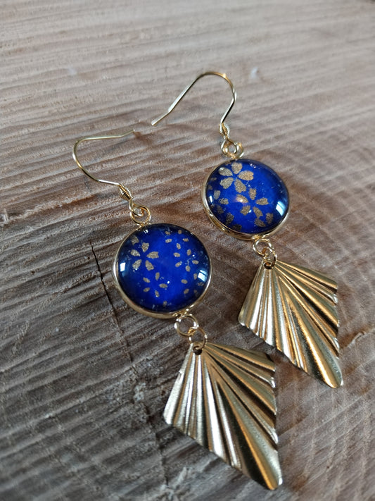 Boucles d'oreilles cabochons ronds 16mm - Acier inoxydable doré - papier japonais floral doré et bleu - breloque losange