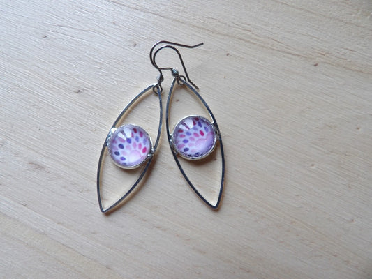 Boucles d'oreilles oeil cabochon 12mm - Métal argenté - coeur blanc rose et violet