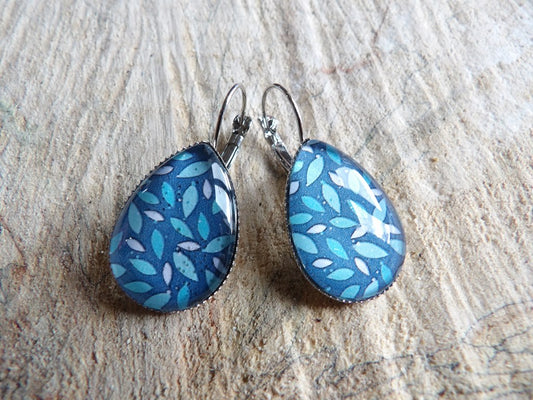 Boucles d'oreilles dormeuses gouttes 18x25mm - acier - feuille bleue