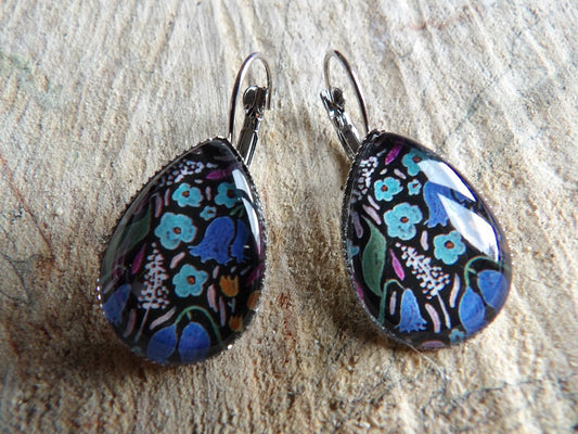 Boucles d'oreilles dormeuses gouttes 18x25mm - Acier  - floral fond noir