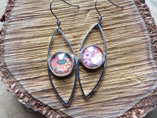 Boucles d'oreilles oeil cabochon 12mm - Métal argenté - floral japonais