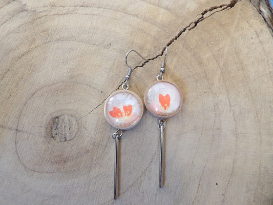 Boucles d'oreilles support bois 20mm avec tube métal - Floral japonais blanc et rose