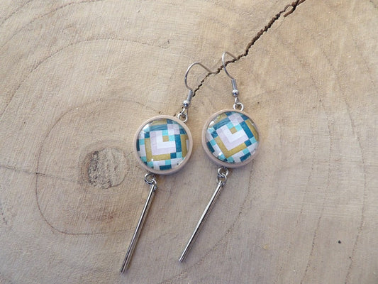 Boucles d'oreilles support bois 20mm avec tube métal - Graphique kaki bleu vert et blanc