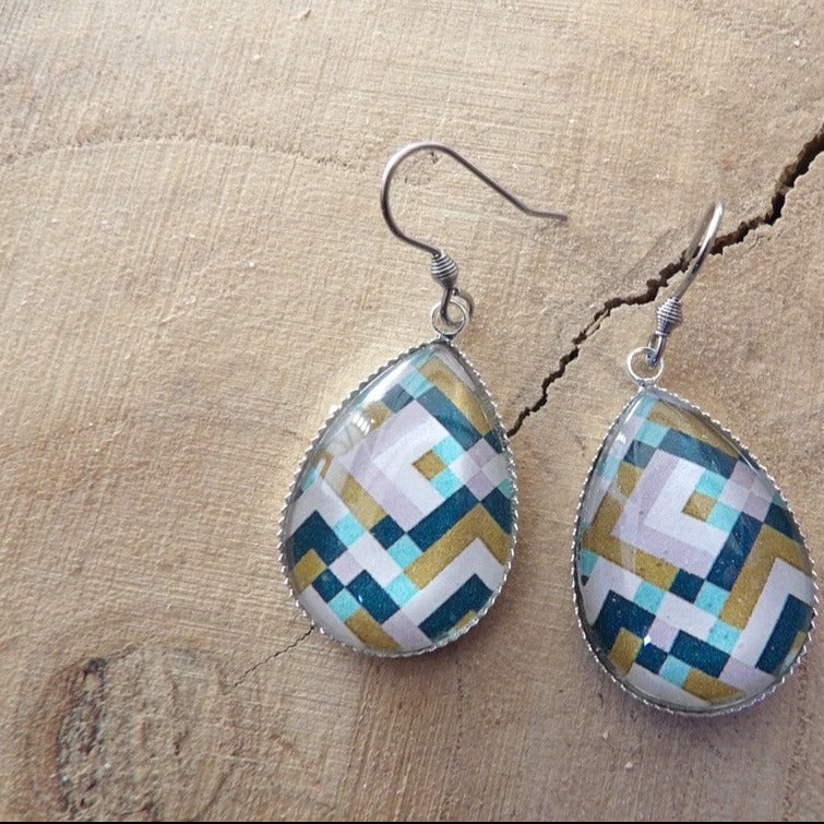 Boucles d'oreilles pendantes goutte 18x25mm - Acier - graphique kaki bleu vert et blanc