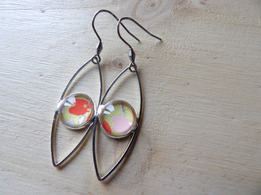 Boucles d'oreilles oeil cabochon 12mm - Métal argenté - japonais jaune orange et rose