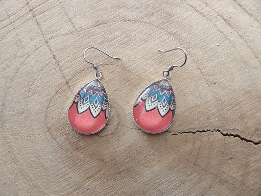 Boucles d'oreilles pendantes goutte 18x25mm - acier - mandala rouge et vert
