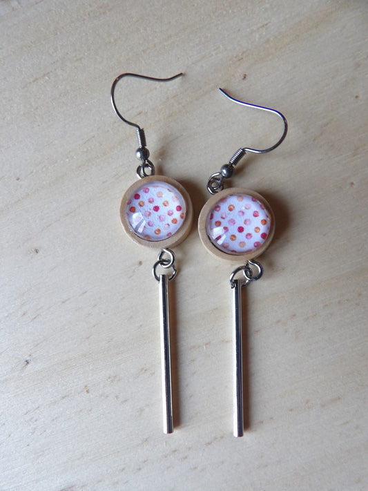 Boucles d'oreilles support bois 15mm avec tube métal - Pois roses et corail fond blanc